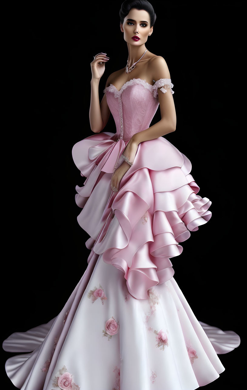 Woman in Pink Off-Shoulder Gown with Floral Embroidery on Black Background