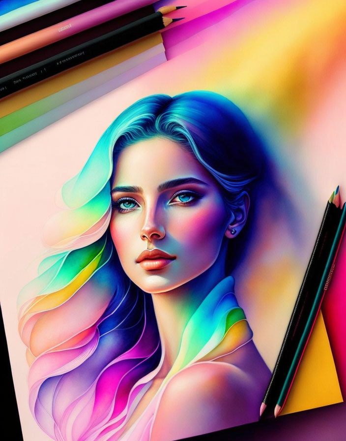 Colorful drawing of woman with rainbow hair and blue eyes next to colored pencils