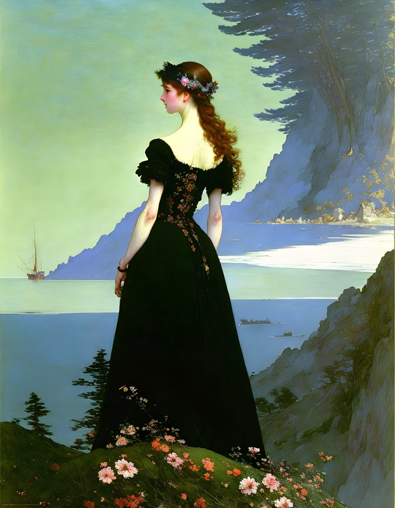 Woman in black dress on cliff with sea view and sailboat in distance