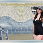 Vintage-dressed women strolling on beach with waves and cloudy sky