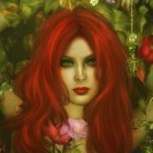 Vibrant digital artwork: Woman with red hair and green eyes in floral background