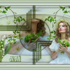 Two Women in White Dresses and Straw Hats Surrounded by Foliage and Fruit Plate