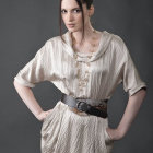 Sophisticated woman in vintage cream blouse and ornate skirt