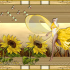 Female ballerina figure with Van Gogh's sunflowers in golden frame