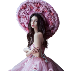 Vintage Pink Dress and Oversized Hat with Roses on Elegant Woman