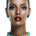 Digital Portrait: Woman with Short Hair, Pronounced Cheekbones, Red Lips, Green Earrings