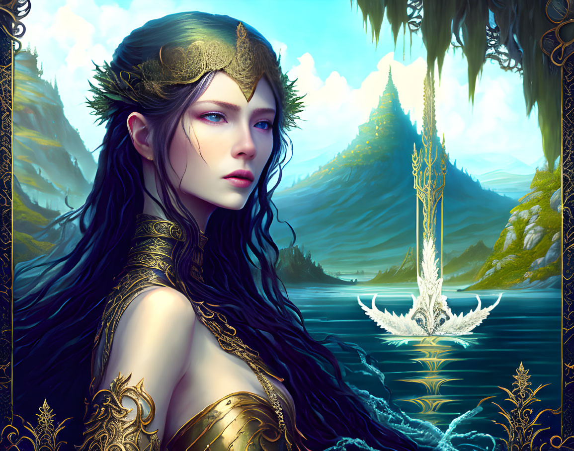 Fantasy illustration of woman with blue eyes, golden crown, black attire, mountains, lake, and