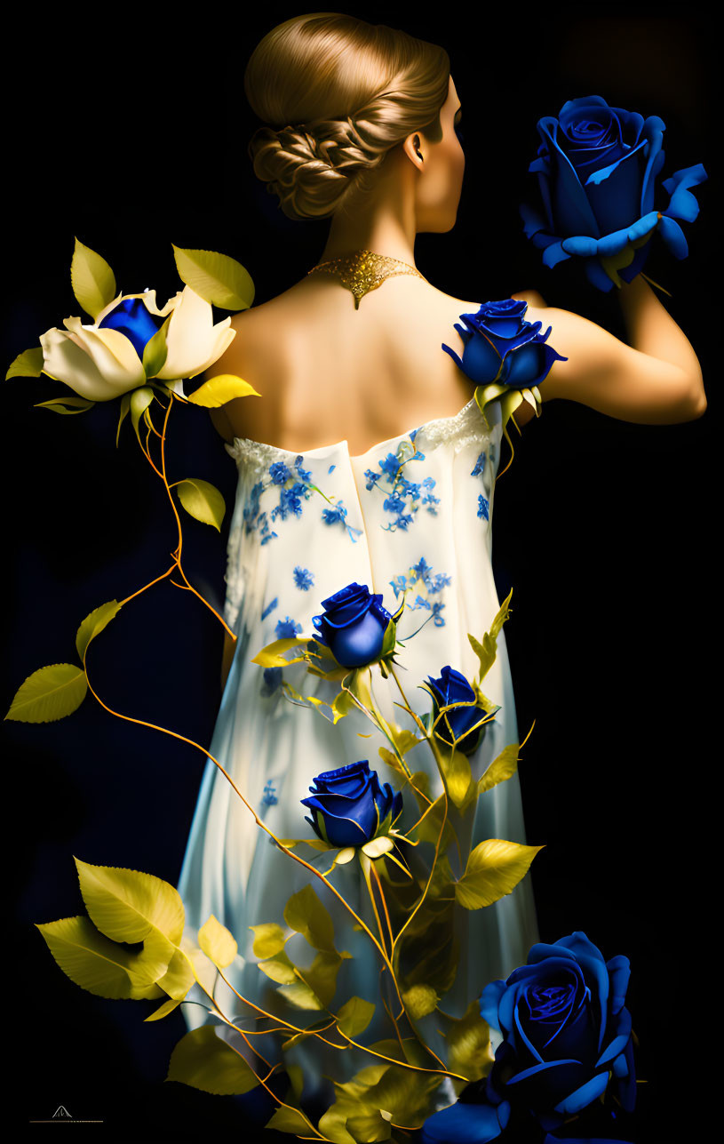 Woman in White Dress Holding Blue Rose Surrounded by Floral Arrangement