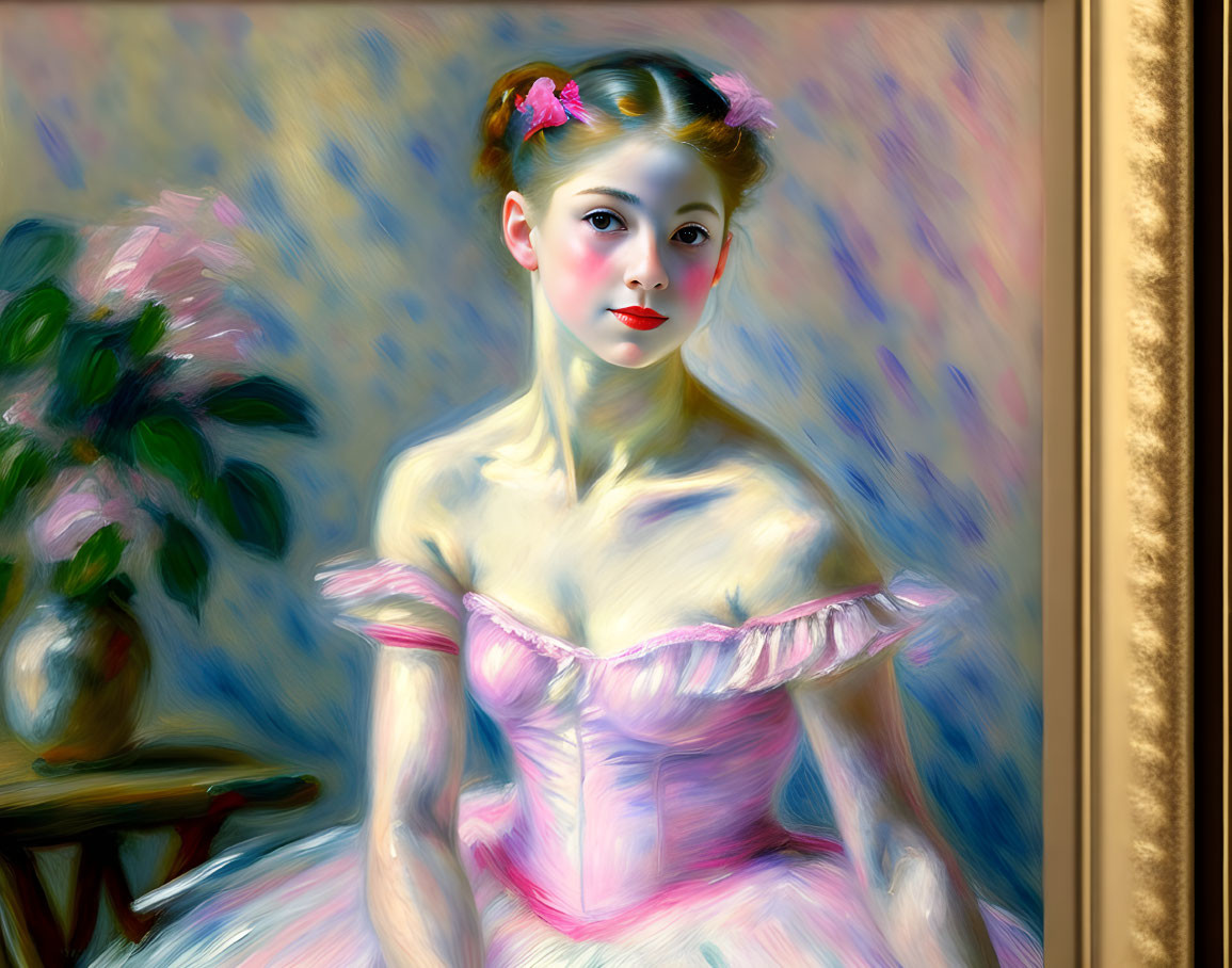 Classical-style digital painting of young woman in pink dress with floral hair, vibrant colors and brushstroke