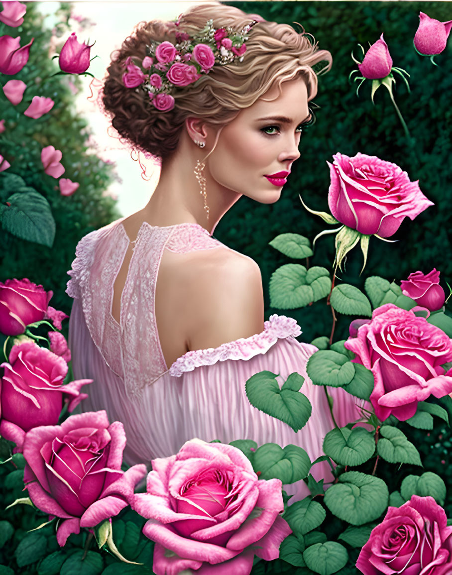 Woman in Pink Dress Surrounded by Pink Roses in Garden Setting