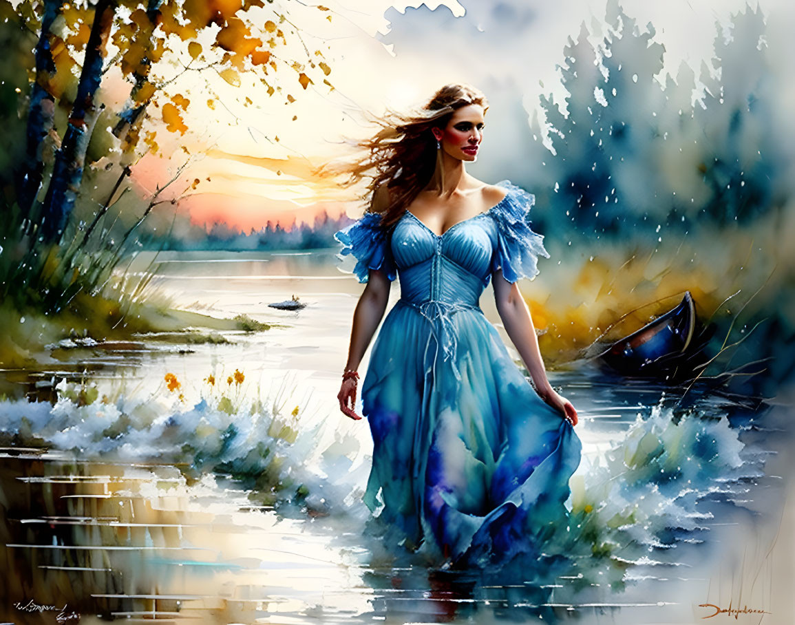 Woman in Blue Gown by Serene Lake at Sunset