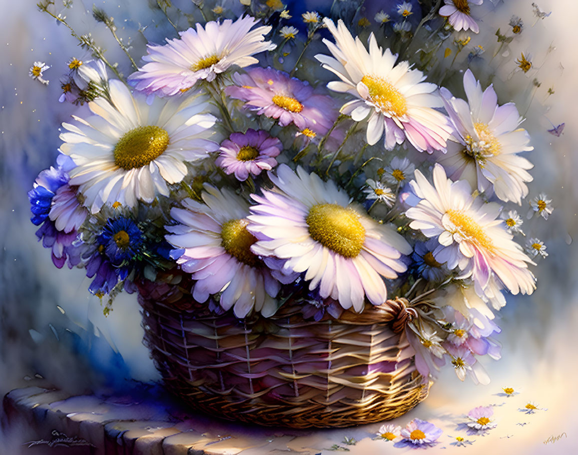 Colorful painting of wicker basket with white and purple daisies