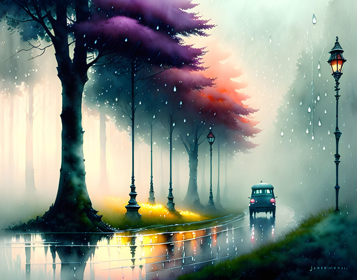 Vintage car driving on wet road with street lamps and trees in misty, rain-soaked scene.