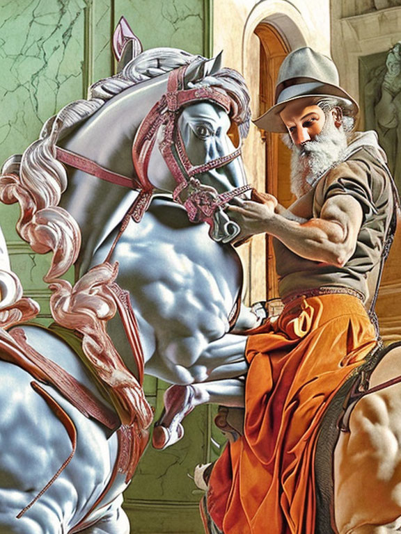 Surreal artwork of horse-headed figure with elderly man in pink and orange attire