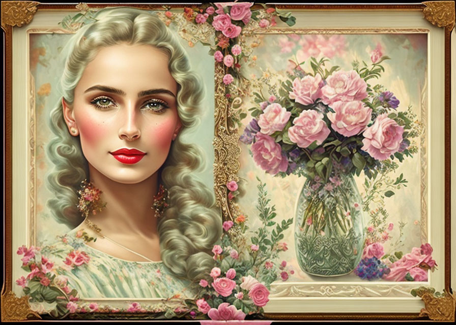 Vintage-style portrait of woman with wavy hair and pink flowers, blending into ornately framed vase painting