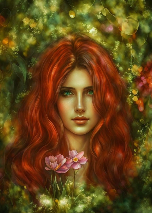 Vibrant digital artwork: Woman with red hair and green eyes in floral background