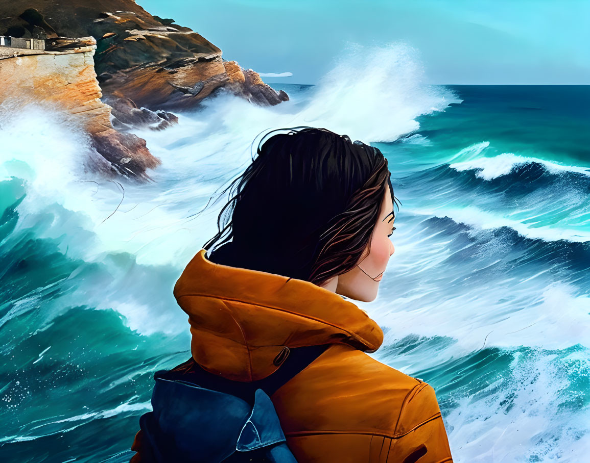 Person in Yellow Jacket Observing Sea Waves Crashing on Cliffs