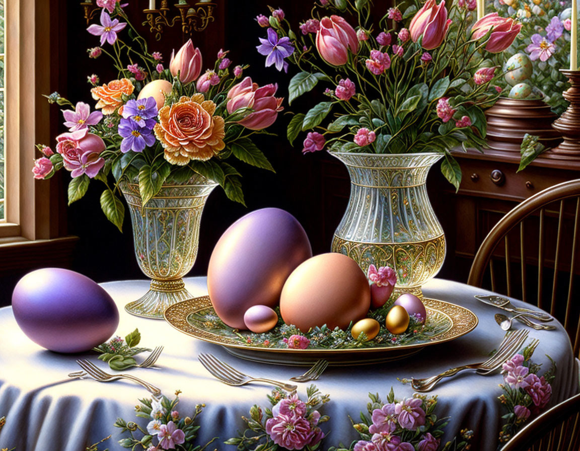 Table with vase of flowers and Easter eggs arrangement.