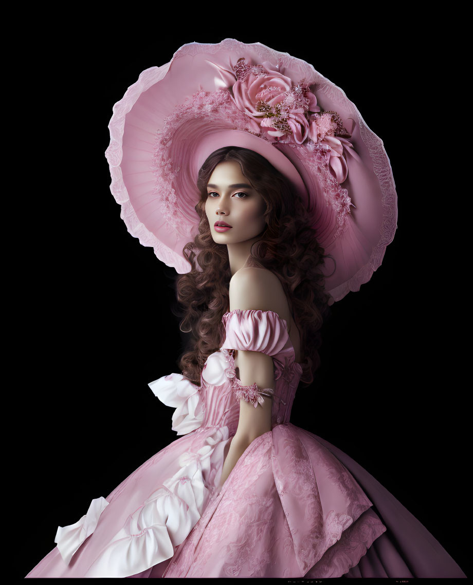 Vintage Pink Dress and Oversized Hat with Roses on Elegant Woman