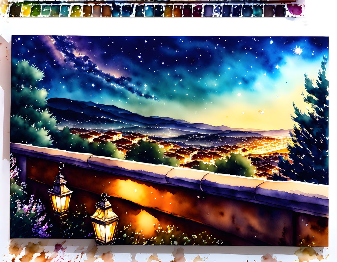 Vibrant watercolor painting of starry night sky over snowy town