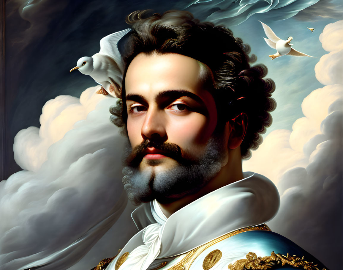 Regal man with beard in classical portrait surrounded by clouds and doves