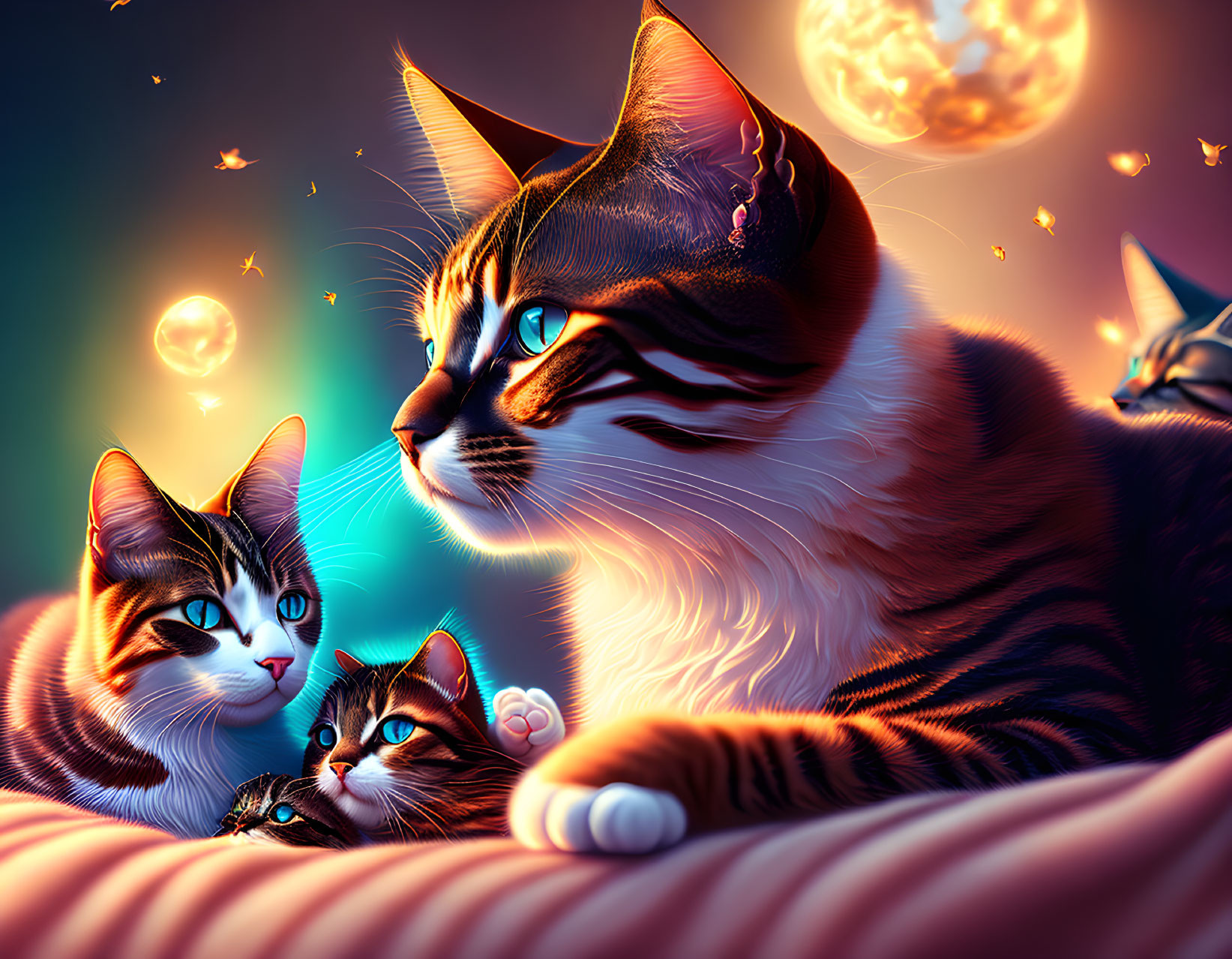 Colorful Cats Under Starry Sky with Glowing Eyes