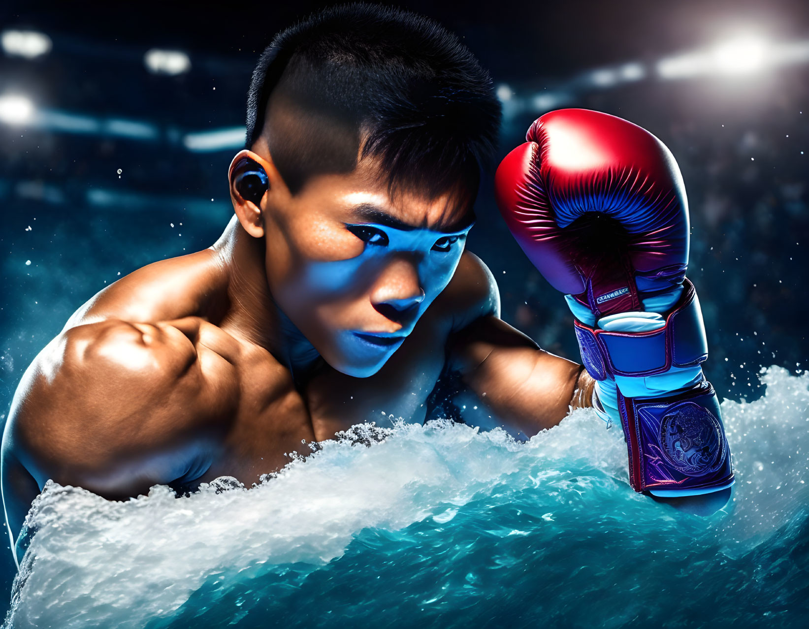 Muscular boxer in red gloves emerges from splashing water, poised for action.