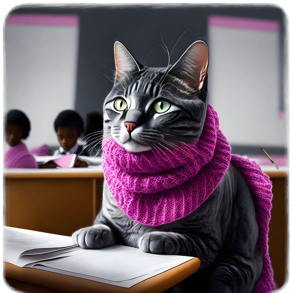 Digitally altered image: Cat with pink scarf in classroom setting.