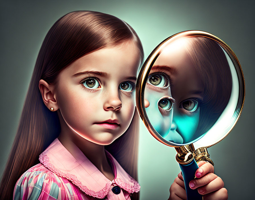 Young girl with expressive eyes using magnifying glass on face