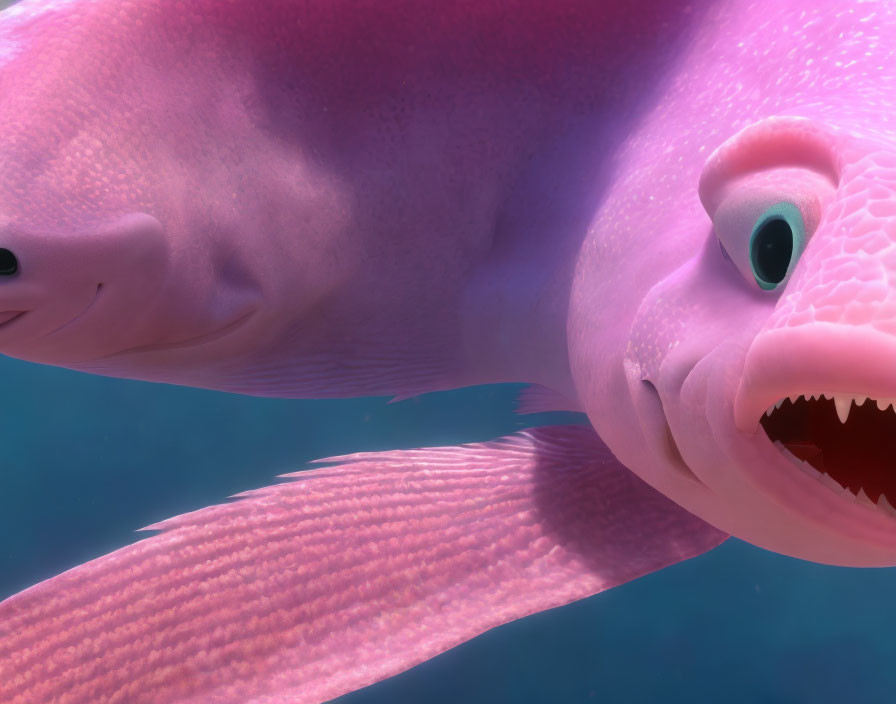 Pink animated fish with large eyes and smiling mouth underwater.