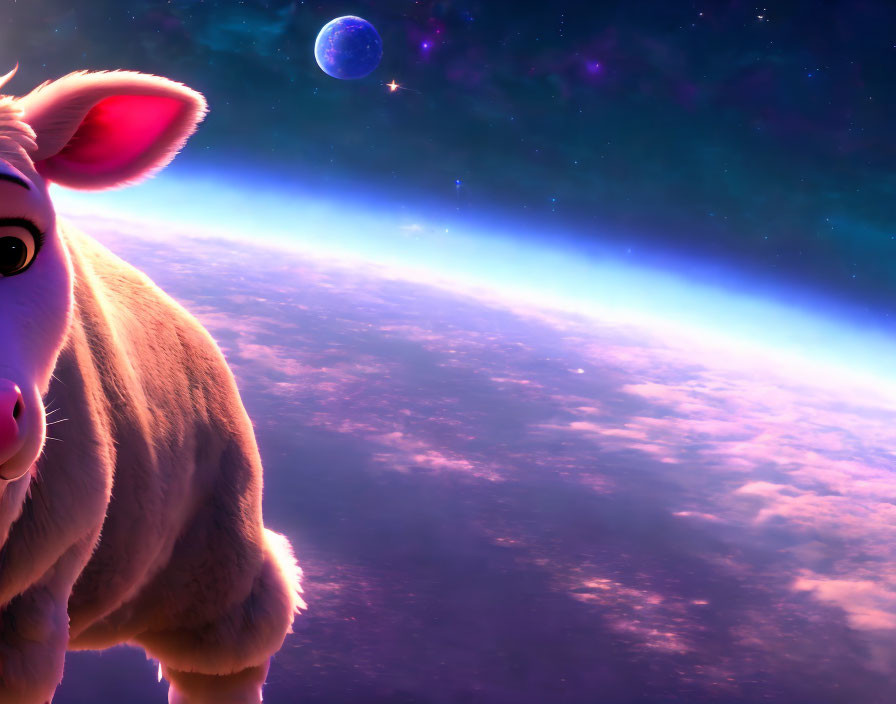 Animated lamb with Earth-like planet and starry galaxy on vibrant purple backdrop