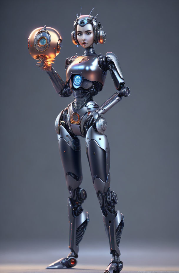 Futuristic female robot with glowing orb and intricate details