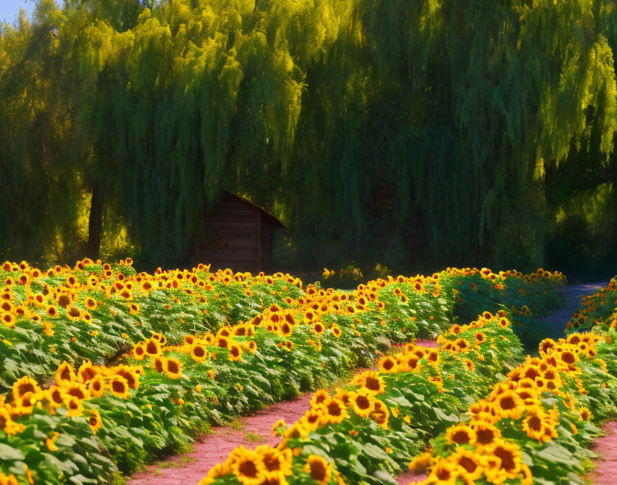 Sunflower Field with Wooden Hut and Willow Trees in Sunlight