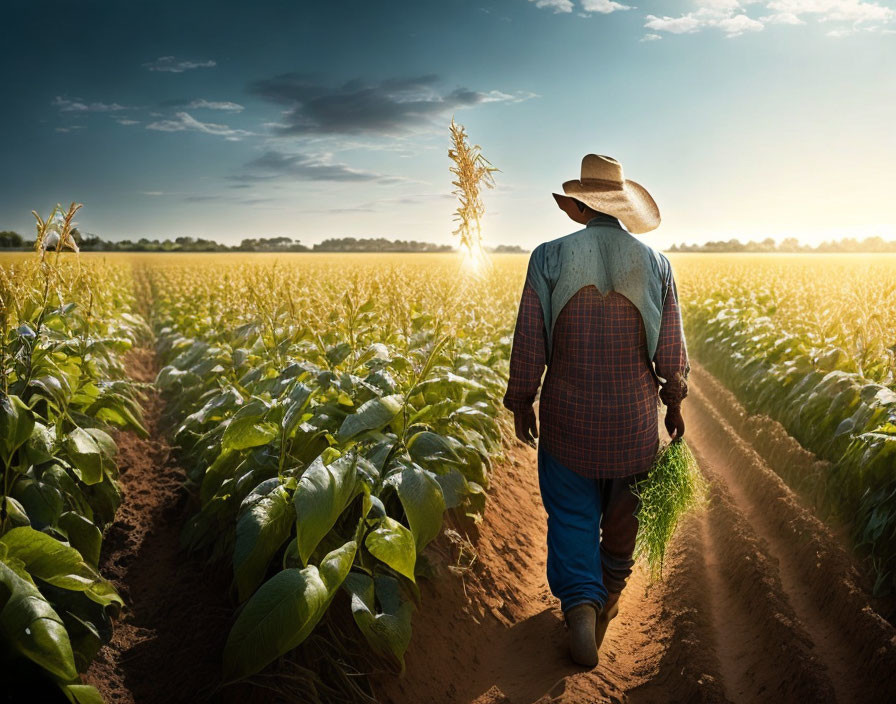 Lush Crop Field Sunrise Scene with Farmer in Overalls