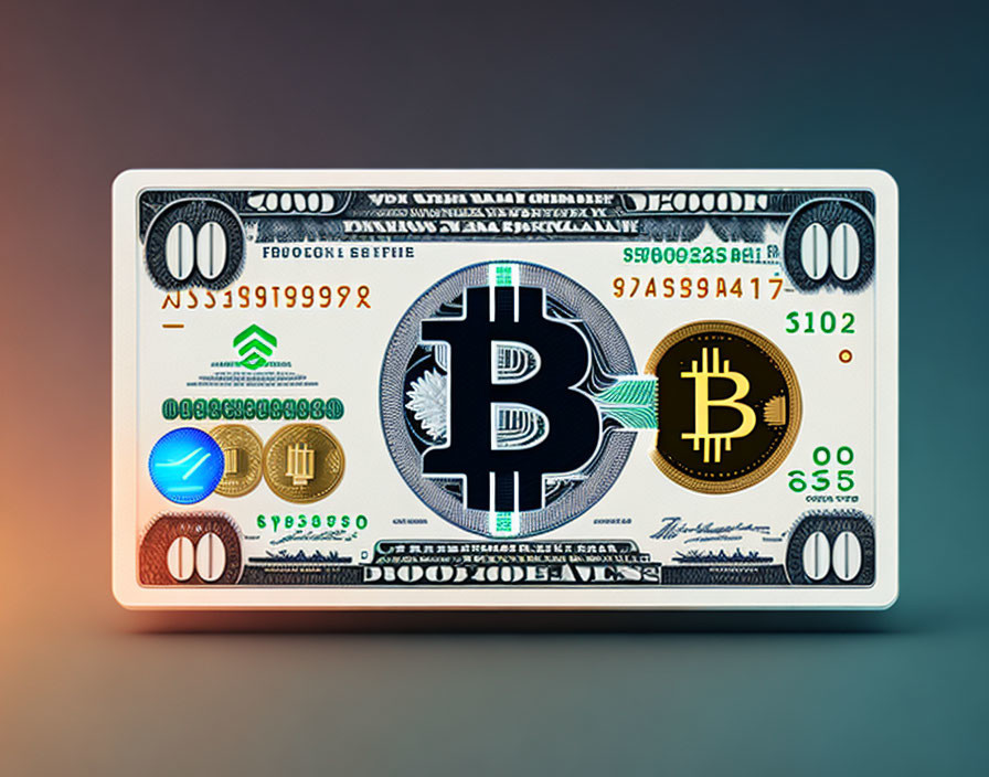 Stylized $100 bill with cryptocurrency symbols on modern gradient background