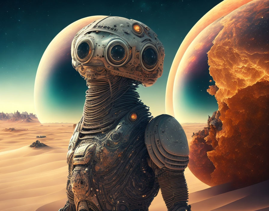 Detailed spherical-headed robot in alien desert with giant planets.