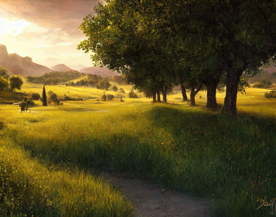 Serene landscape with lush grass and majestic trees under golden sunlight