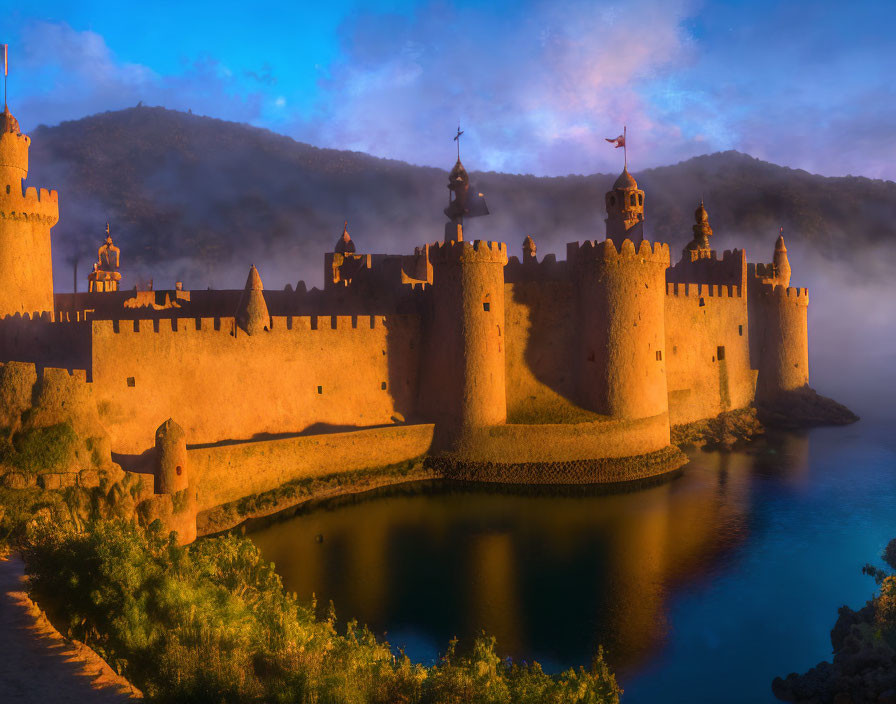 Medieval Castle at Sunrise Surrounded by Water