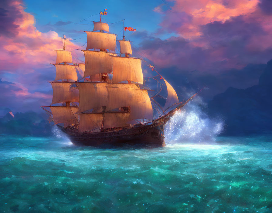 Sailing tall ship on turquoise sea at sunset with dramatic sky