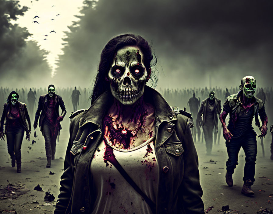 Group of people with zombie makeup in post-apocalyptic setting with skull-faced figure and birds in cloudy sky