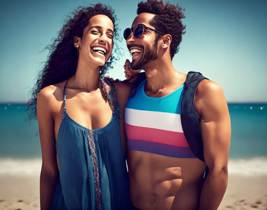 Joyful couple in summer attire laughing on sunny beach