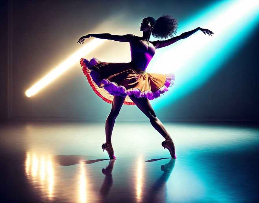 Dancer with Afro Hairstyle in Colorful Tutu and Striking Light Beam