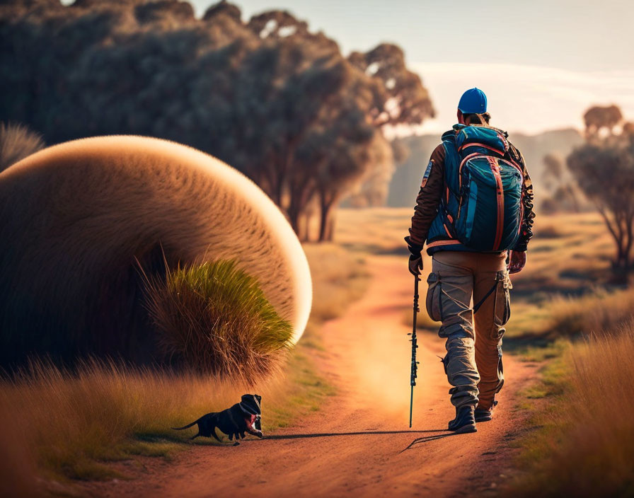 Hiker with blue backpack and dog on trail in golden landscape