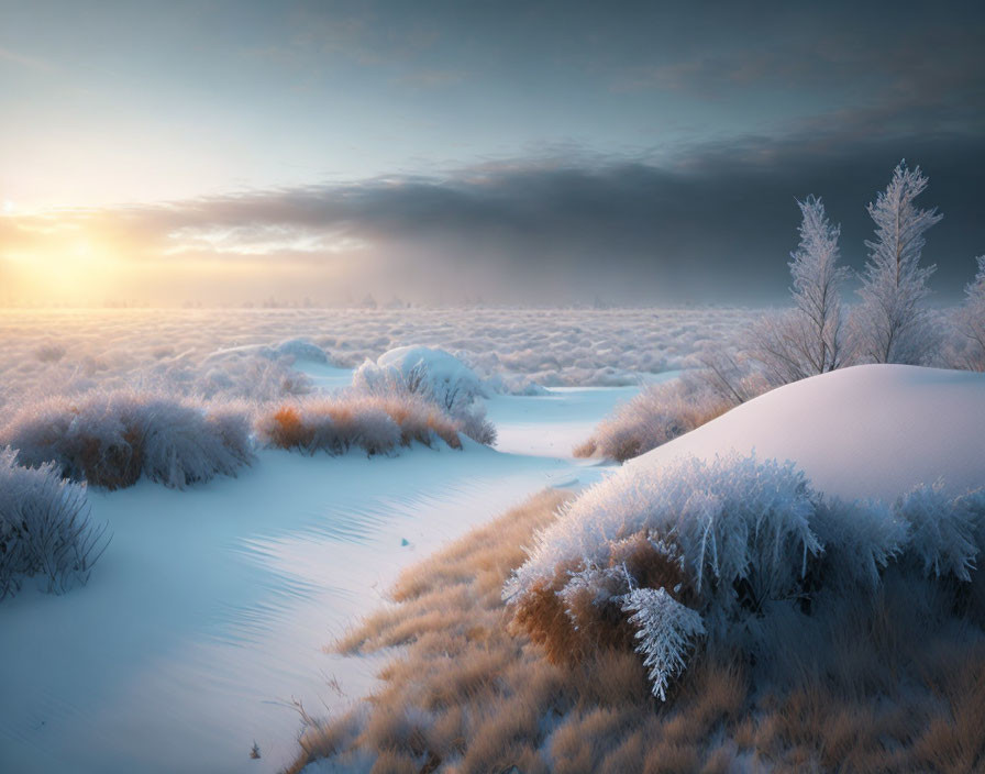 Snowy Winter Landscape at Sunrise with Frost-Covered Ground