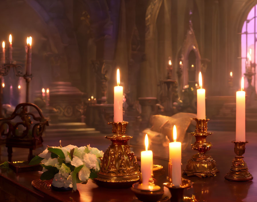 Candlelit room with brass holders, archways, bench, and flowers creating a serene ambiance