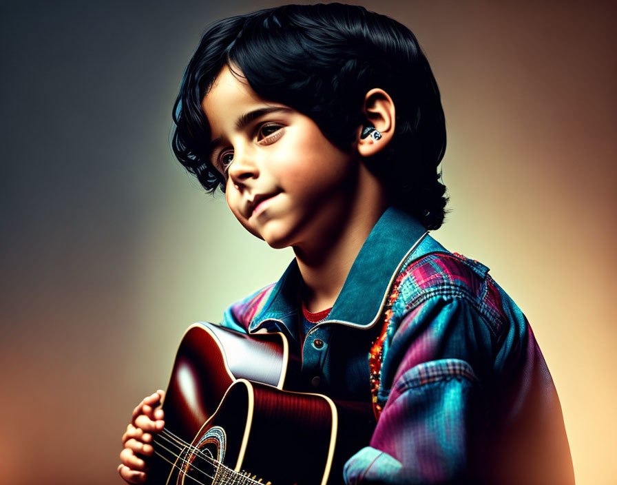 Dark-Haired Child in Colorful Shirt Holding Guitar on Amber Background