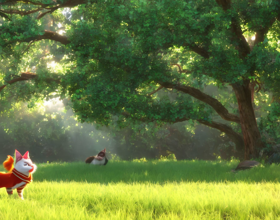 Tranquil forest scene with sunbeams, cartoon fox, and soft grass.