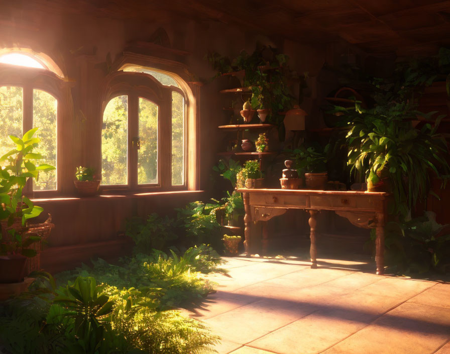 Sunlit room with arched windows, terracotta pots, lush green plants, and tiled floor