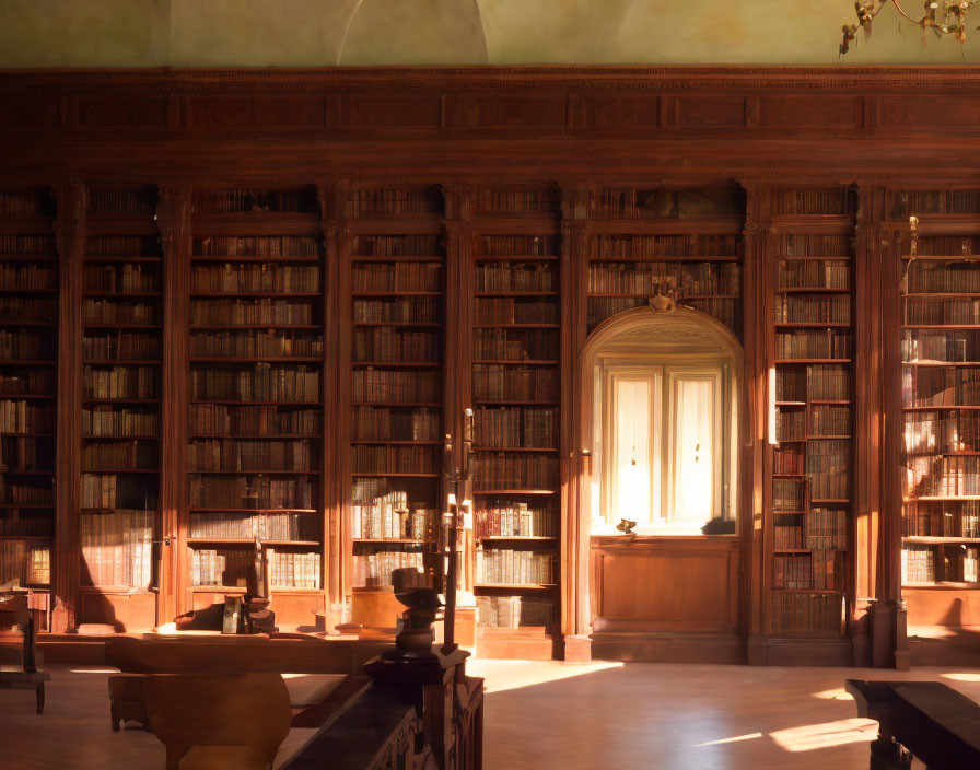 Classic Library with Wooden Bookshelves and Sunlit Window