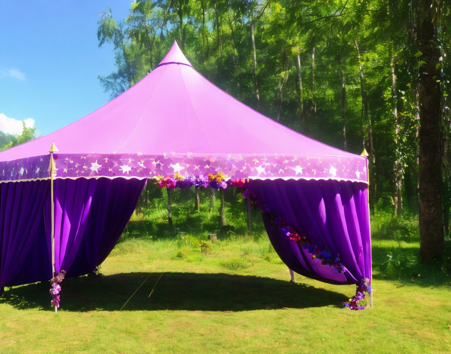 Purple Event Tent with Star Motifs and Floral Decorations in Forest Clearing